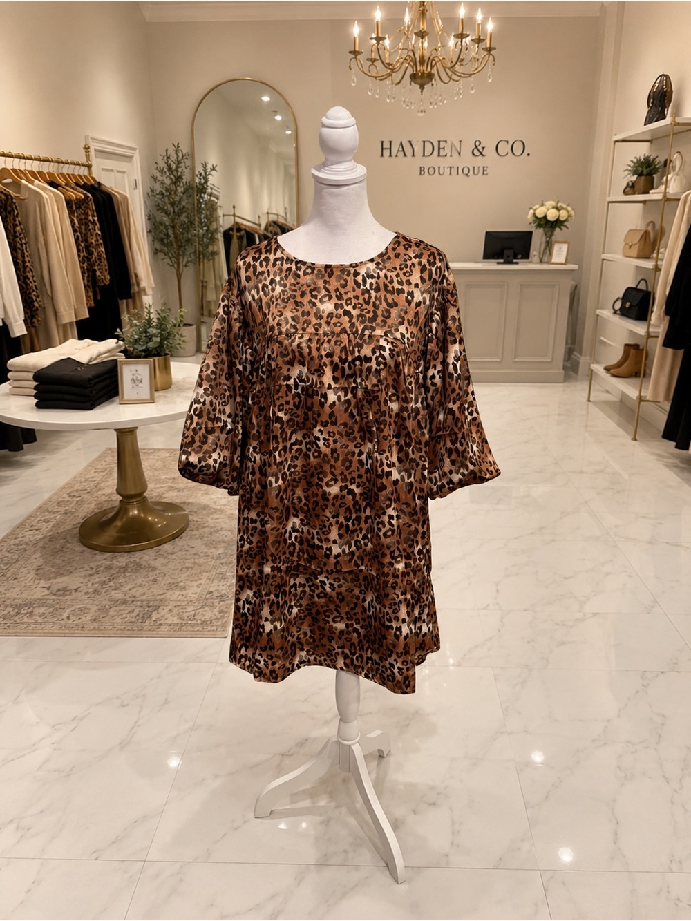 Oddi Leopard Print Bubble Sleeve Babydoll Dress Small Satin Feel